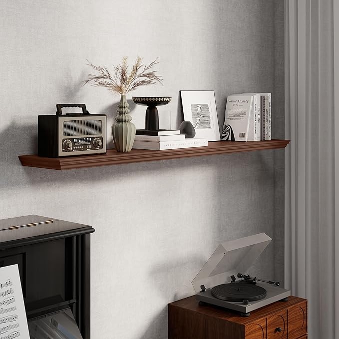 Fun Memories Floating Shelves 55 Inch Long, 9.3 Inch Deep Classic Crown Molding Floating Shelves for Wall, Rustic Wooden Shelves for Wall Decor Bathroom, Kitchen, Office, (Walnut, 1Pack)