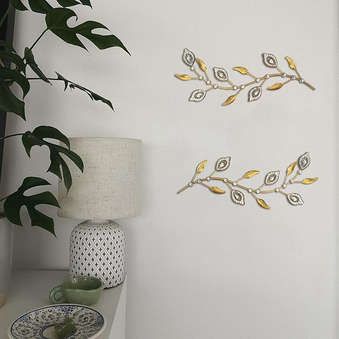 sxnzequnze 2 Pcs Metal Leaf Wall Art Crystal Bling Decorations Silver Leaves 3D Iron Handmade Home Decor Hanging Minimalist Accents Modern Set for Living Room Bathroom Bedroom Dining Room Hallway