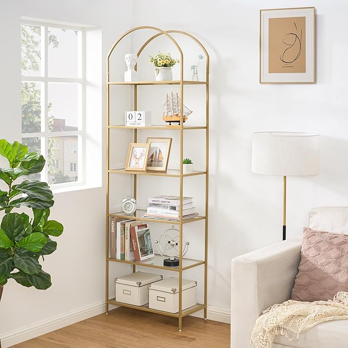 Homhedy Bookshelf Arched Display Racks,Metal Bookcase,Tempered Glass Shelves,Storage Rack Shelf for Home Office,Living Room,Bedroom, Bathroom,Modern Style (Golden, 11.8