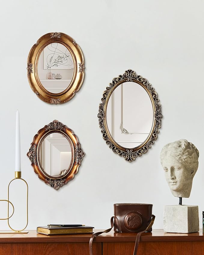 3 Styles Vintage Gold Mirror Set Wall Decorative, Vintage Wall Mirror Antique Hanging and Tabletop with Stand for Living Room Bedroom Dresser, Classic Home Wedding Decor(Retro Style)