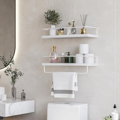 Onlysky White Floating Shelves with White Towel Rack - Set of 2 Wall Mounted Hanging Bathroom Shelves, Decorative Shelves for Stylish Storage in Bathroom, Kitchen, Living Room & Bedroom