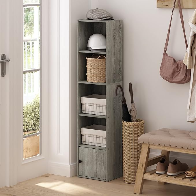 Furinno LUDER Book Shelf, 5-Tier Modern Bookshelf, Bookcase with 1 Door Storage Cabinet, 9.3 x 12 x 52, for Living Room, Bedroom, Home Office, French Oak
