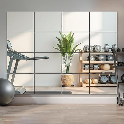 Delma Home Gym Mirror Tiles, Large Square Workout Mirrors (16x12'', 16-Piece), Full Body Wall Mirror for Garage, Bedroom, Bathroom