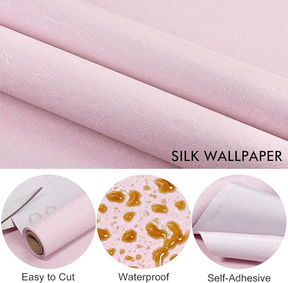 Pink Silk Wallpaper Embossed Peel and Stick Wallpaper Textured Self-Adhesive Removable Contact Paper Waterproof Vinyl Roll for Bedroom Cabinet Furniture 17.7 inch X 120 inch
