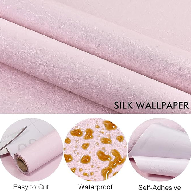Pink Silk Wallpaper Embossed Peel and Stick Wallpaper Textured Self-Adhesive Removable Contact Paper Waterproof Vinyl Roll for Bedroom Cabinet Furniture 17.7 inch X 120 inch