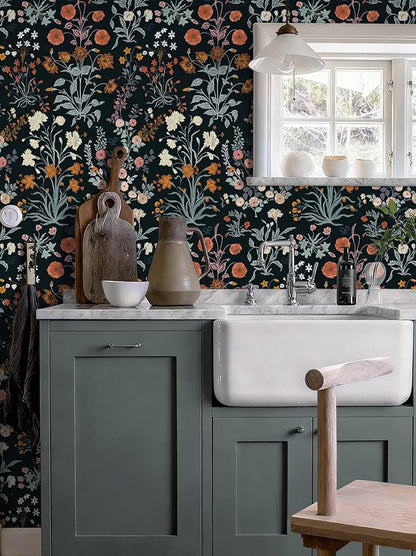 Floral Peel and Stick Wallpaper Vintage Wallpaper Dark Blue Wall Paper Wildflower Contact Paper for Cabinets Vinyl Renter Friendly Waterproof Self-Adhesive Bathroom Kitchen Bedroom 78.7"×17.3"