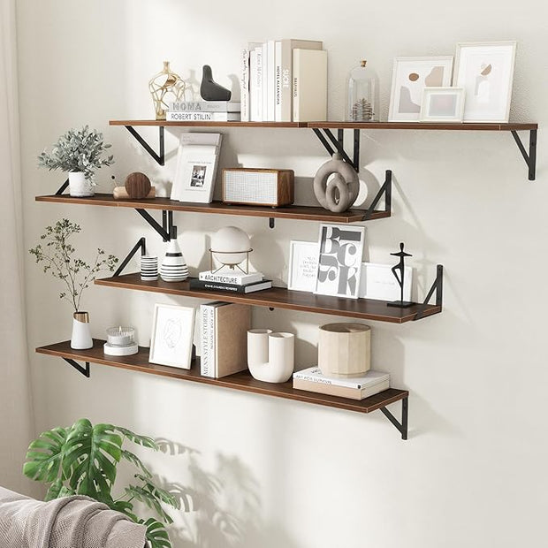 Floating Shelves with Black Metal Brackets Set of 2,30" Wx8 D Wall Mounted Shelves Floating Bookshelf,Hanging Storage Shelf for Living Room,Bedroom,Bathroom,Office,Walnut