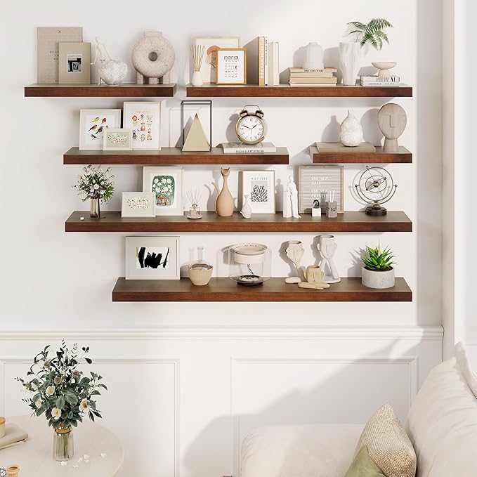 Fun Memories Wood Floating Shelves Set of 2, Rustic Pine Wood Floating Shelves for Wall Mounting, Wide Wall Shelf for Home Decor and Storage, 16" W x 7" D, Walnut