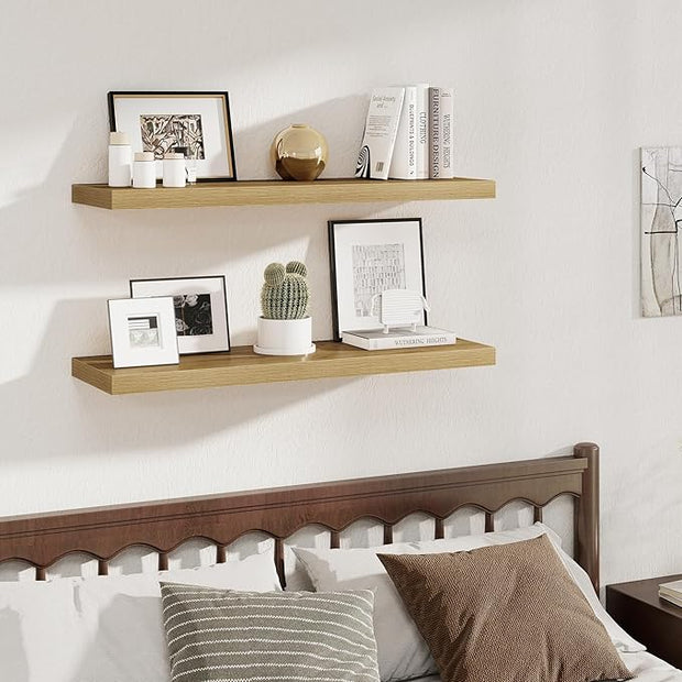 Fun Memories 12 Deep Floating Shelves, 40W x 12D Floating Shelves for Wall Set of 2, Extra Deeper Hanging Wood Shelves for Wall for Living Room Kitchen Laundry Room Kitchen Home Office - Oak