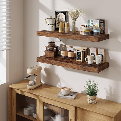 Fun Memories 12" Deep Floating Shelves for Wall, 36" W x 12" D Floating Shelves, Long Wood Floating Wall Shelf for Living Room Bathroom Bedroom Kitchen, Rustic Brown, Set of 2