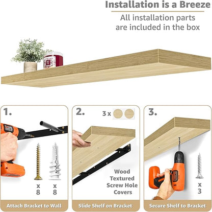 Sorbus Floating Shelves for Wall - 55 Inch Extra-Long Bathroom Shelves, Wall Decor for Bedroom, Kitchen, Living Room, Book Storage - Mounted Floating Shelf with Hidden Brackets (Maple Wood, 2 Pack)