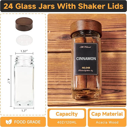 2-Tier Wall Mount Spice Rack Organizer with 12 Glass Jars, 216 Labels & Funnel - Screw/Adhesive Mount, Black Metal & Wood Spice Storage for Kitchen Pantry Cabinet, 11.6”L x 2.4”W x 3.2”H