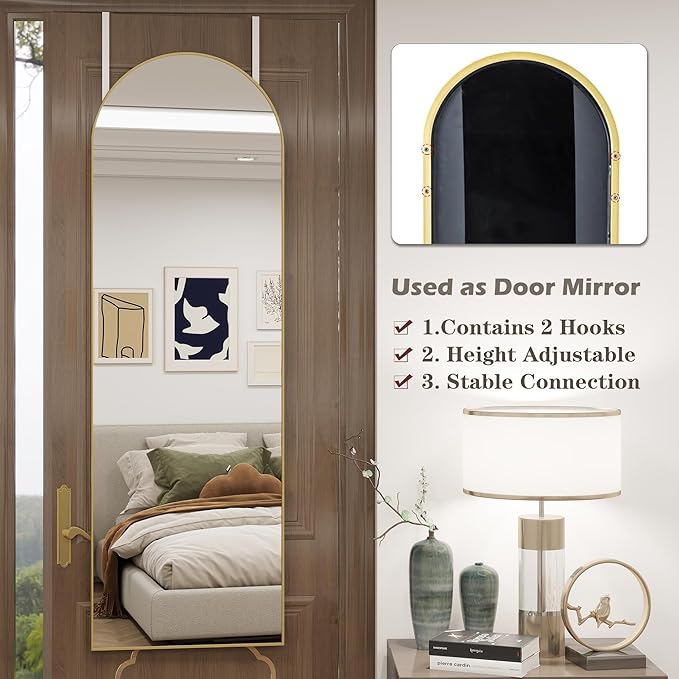 Arched Full Length Door Mirror 14x48, Metal Frame with Protective Film, No-Drilling Hanging or Wall Mount, Hooks & Hardware Included, Full Body Mirror for Bedroom, Dorm, Gold