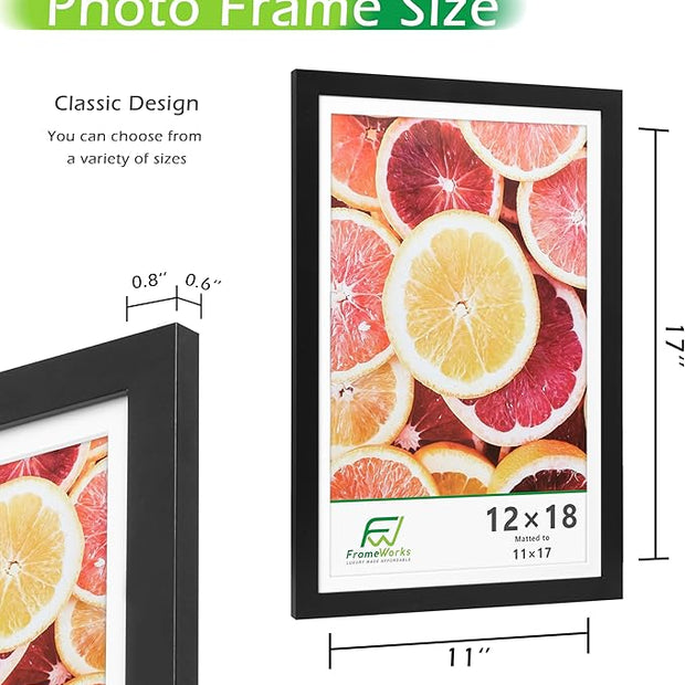 FrameWorks 2-Pack, 12x18 Matted to 11x17 Picture Frame, Black – Classic Wooden Photo Frame with Tempered Glass, Modern Matte Finish for Prints, Posters, Certificates & Wall Decor – Gallery-Ready