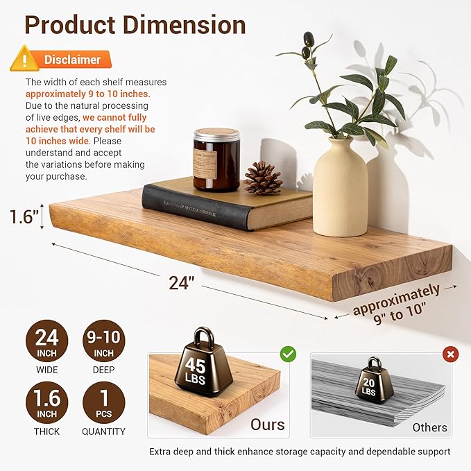 fuqing Wood Floating Shelves for Wall - Solid Elm Wood Live Edge Floating Shelves 24 Inch - 9 Inch Deep Natural Wooden Wall Shelves with Upgraded Heavy Duty Brackets and Anchors