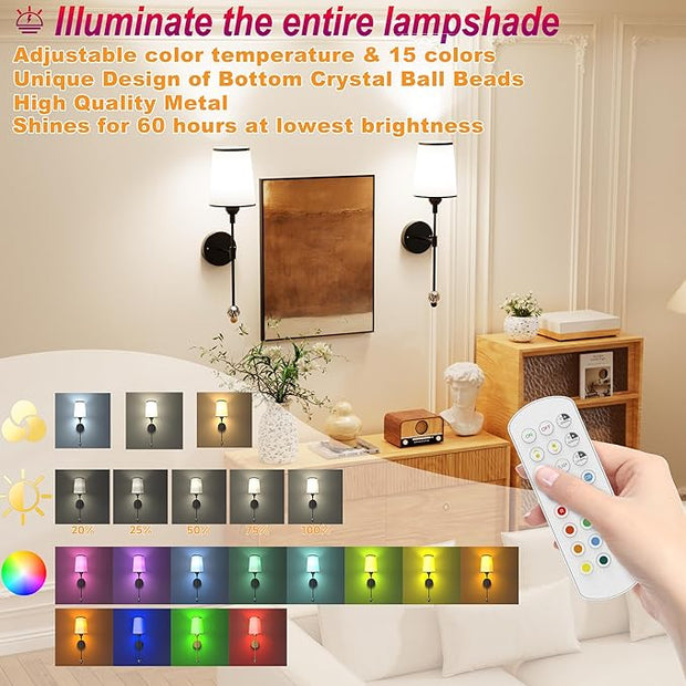 PAIHOME Wall Sconces Set of Two Battery Operated, Rechargeable Wireless Sconces with 5000mAh Dimmable 15 Colors Bulb and Remote, Black Wall Sconce for Bedroom Living Room Bathroom Hallway