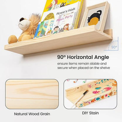 Picture Ledge Shelf for Wall, 16 inches Solid Pine Wood Nursery Book Shelves 3 Packs, Floating Ledge Shelves for Kids' Room Bedroom Bathroom Living Room Photo Frames Office Nursey Wall Decor, Natural
