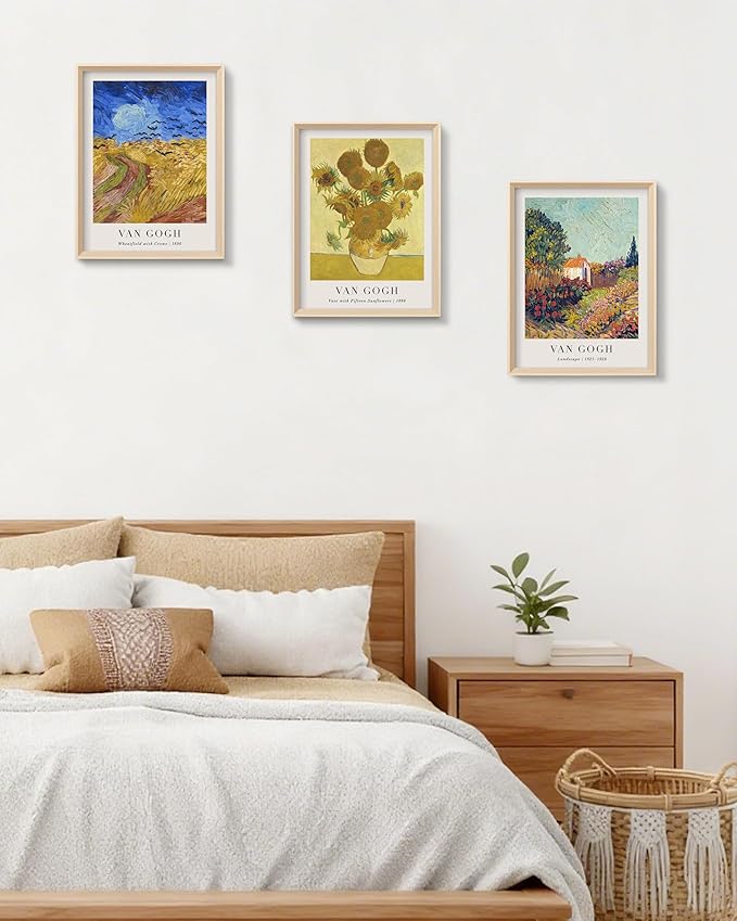 HesenDot Van Gogh Framed Wall Art Set of 3, 12x16 Inch Canvas Prints, Wheatfield, Sunflowers, Landscape Paintings, Vintage Artwork Posters Home Decoration for Living Room Bedroom Gallery Office