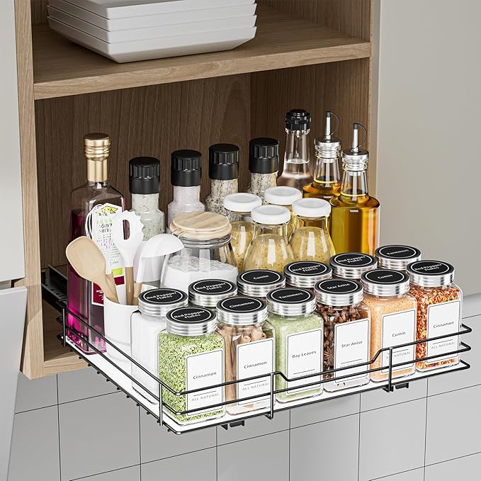 Spice Rack Organizer for Cabinet, 1 Tier Pull Out Spice Rack, Spice Organizer for Cabinet, Kitchen and Pantry, Fits Spices, Sauces, Canned Food (12.5''Wx10.5''Dx2.5''H)