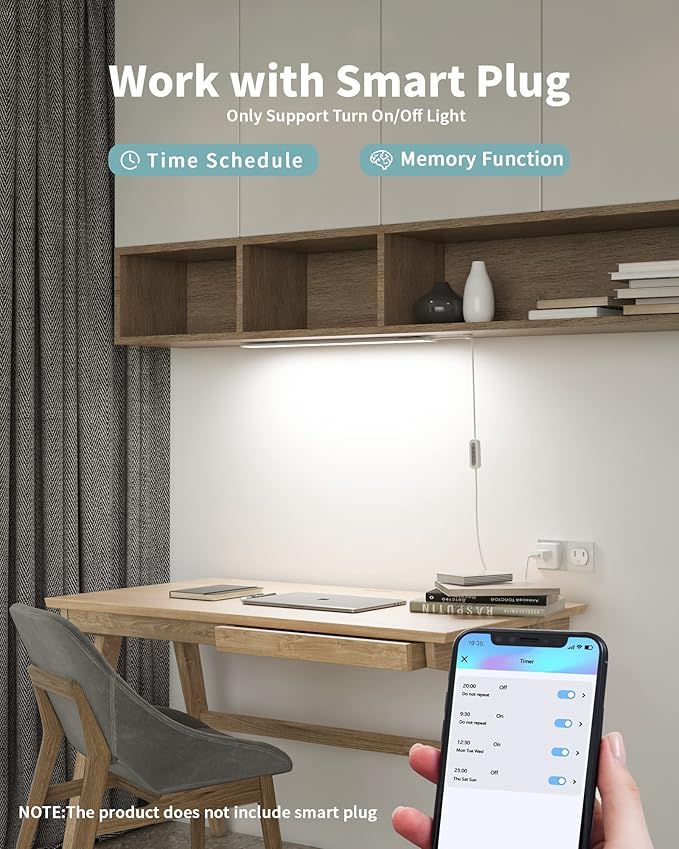 ASOKO Under Desk Light, 16Inch Dimmable LED Under Cabinet Lighting, USB Plug in Cabinet Light for Kitchen/Shelf/Workbench/Cupboard, 3000K/4000K/6000K