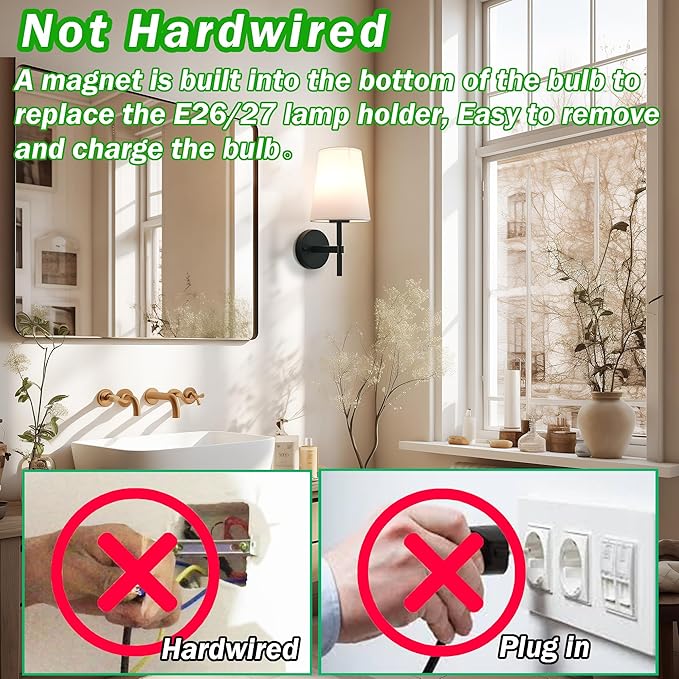 Wireless Sconces Set of 2, Battery Wall Sconce Including 10000mAh Large Capacity Dimmable Magnetic Battery Operated Light Bulbs, Easy to Installed in Any Area Without Hiring Electrician.