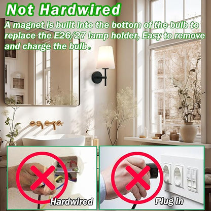 Wireless Sconces Set of 2, Battery Wall Sconce Including 10000mAh Large Capacity Dimmable Magnetic Battery Operated Light Bulbs, Easy to Installed in Any Area Without Hiring Electrician.