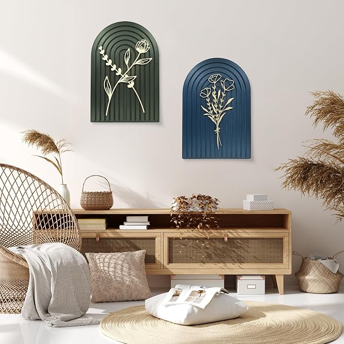 Teeloray Boho Wall Decor Wooden Arch Floral Mid Century Modern Shelf Decor Aesthetic Bohemian Art Wall Hanging Decor with 3D Hollow Craft Minimalist Wall Art for Bookshelf Living Room Bedroom