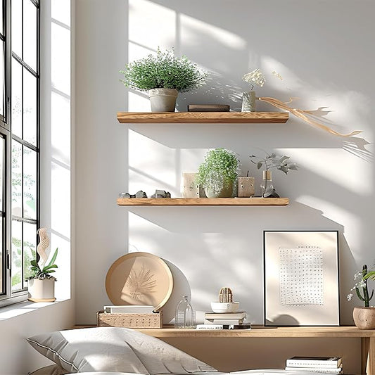 24 Inch Floating Shelves for Wall Rustic Light Wood Wall Shelves for Bedroom Set of 4