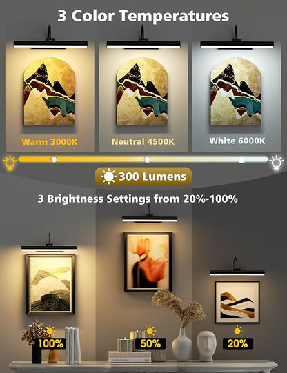 VOLISUN Picture Lights for Wall, 13 inch Rechargable Picture Light Battery Operated, 3 Color Temperatures Cordless Picture Light with Remote, Art Light for Paintings, Gallery, Portrait, 1 Pack (Black)