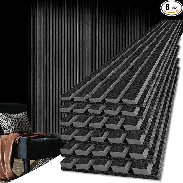 Art3d 6-Piece Wood Slat Acoustic Panels for Stylish Decor and Noise Reduction, 3D Textured Panel for Ceiling and Wall, Matte Black