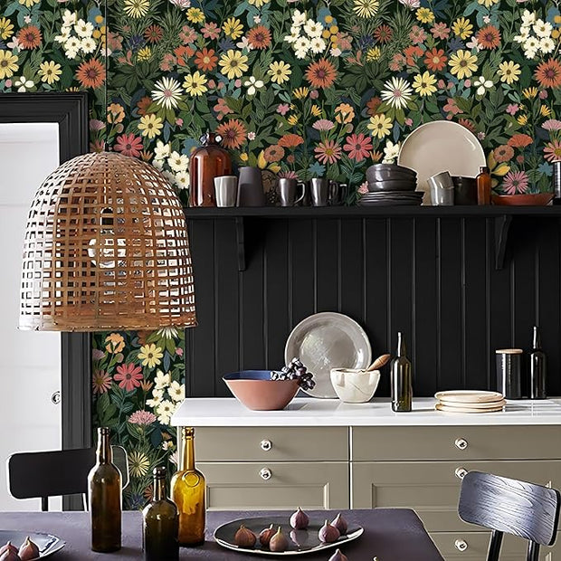 Peel and Stick Wallpaper Boho Wall Paper Removable Green Floral Contact Paper for Bedroom, Bathroom, Kitchen 17.3“ x 236.3”
