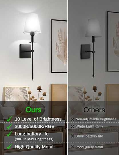 DORESshop Battery Operated Wall Sconce Set of 2, Black Rechargeable Wall Lights Remote, Sconce Wall Decor Set of 2, 7 Colors Wireless Sconces for Bedroom Living Room Hallway