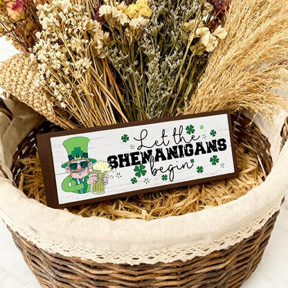 St Patricks Day Decor, Let the Shenanigans Begin Sign, Freestanding Wooden Plaque Sign, Desk Decors Art, Lucky Shamrock Decor, Irish Holiday Decors for Home Office Party, 9.5x3.1x1 inches