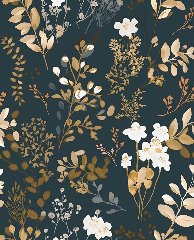 Navy Floral Wallpaper Peel and Stick Boho Wallpaper Vintage Blue/Gold Leaf Contact Paper Waterproof Self Adhesive Modern Wall Paper for Cabinet Walls Kitchen 17.5in x118in