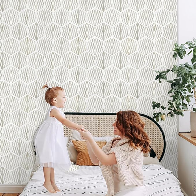 MelunMer Modern Peel and Stick Wallpaper Boho Contact Paper for Cabinets/Drawers 787In L 17.3In W Self Adhesive Removable Wallpaper for Bedroom/Bathroom Waterproof Geometric Contact Paper Beige/White