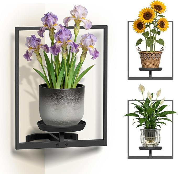 BXF Corner Wall Planters for Indoor Plants, 90 Degree Floating Shelves. Heavy Duty Mounted Holder, Minimalist Hanging Decor. Window Shelf Fits 4-7 Inch Pots (Black, Frame 3 Pack)