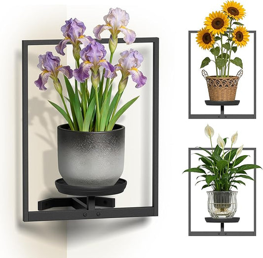 BXF Corner Wall Planters for Indoor Plants, 90 Degree Floating Shelves. Heavy Duty Mounted Holder, Minimalist Hanging Decor. Window Shelf Fits 4-7 Inch Pots (Black, Frame 3 Pack)