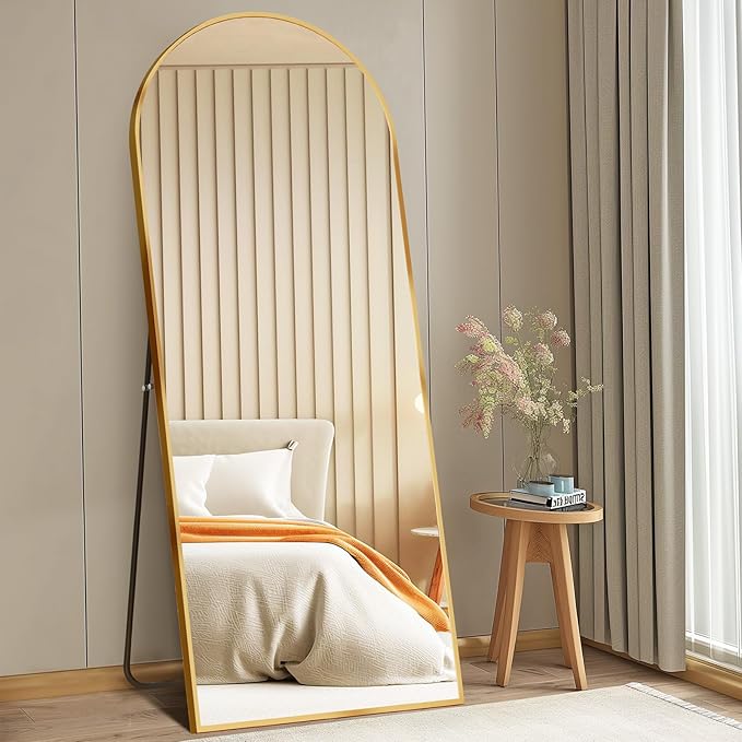 DUMOS Arched Full Length Mirror with Stand Floor Standing Aluminum Frame for Bedroom Body Hanging Leaning Modern Simple Home Decor Shatter-Proorf Nano Glass Wall Living Room Cloakroom Gold 65