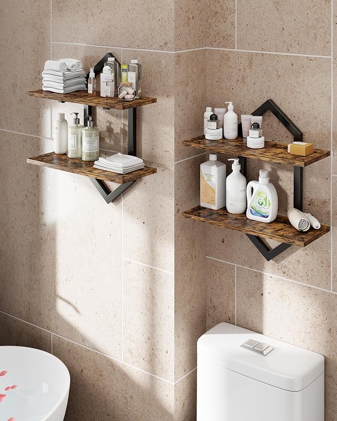 Floating Shelves, Set of 2 Wall Shelf, Wall Mounted Decorative Shelves, 2-Tier Modern Geometric Hanging Storage Shelf for Living Room, Bedroom, Kitchen, Office, Study (Rustic Brown + Black)