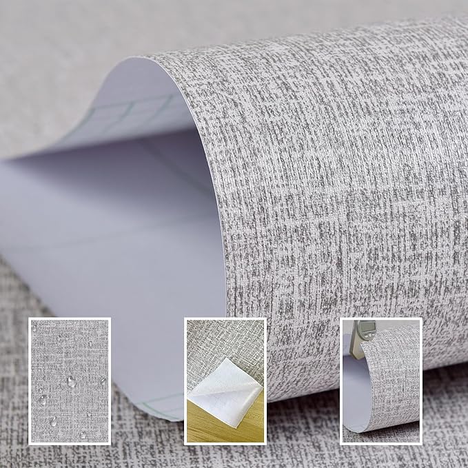 Yancorp 24" Wide Textured Fabric Wallpaper - Faux Grasscloth Grey Peel & Stick Self-Adhesive Removable Wallpaper & Counter Top Liners