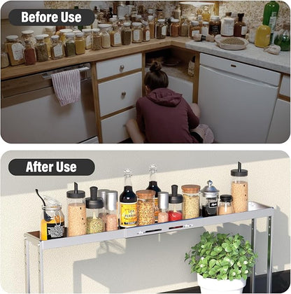 Stove Top Shelf - Adjustable Oven Shelf for Top of Stove for 27-33inch, Kitchen Spice Organizer, Silver