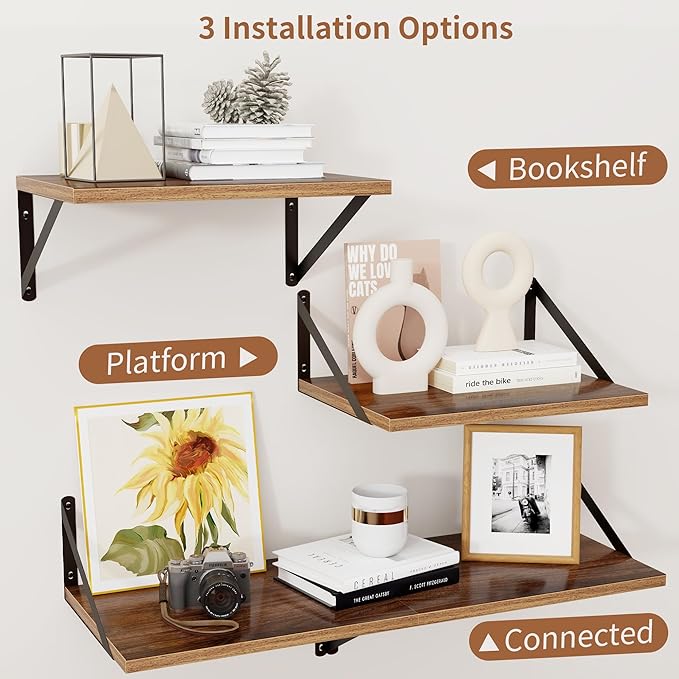 Axeman Deep Floating Shelves - 16 Inch Wide x 12 Inch Deep Walnut Wall Shelves Set of 2 - Rustic Wide Wood Wall Mounted Shelves for Room Decor & Storage