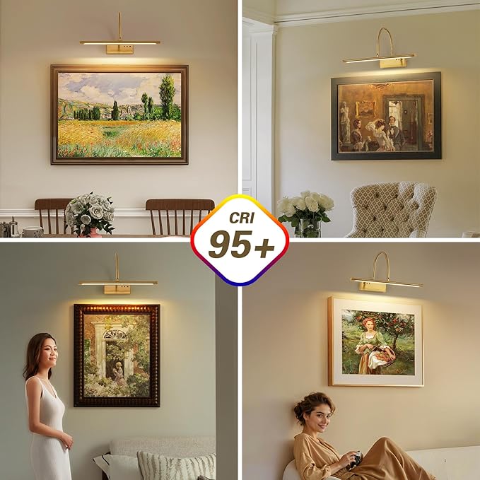 JOOSENLUX Wireless Picture Light with Remote Control - 16" Inch Brass Dimmable Art Light, Timer - Battery Operated - for Pictures, Display, Artwork, Gallery Wall