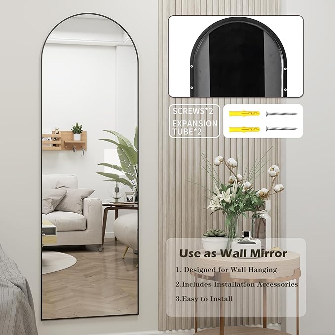 Arched Full Length Door Mirror 14x48, Metal Frame with Protective Film, No-Drilling Hanging or Wall Mount, Hooks & Hardware Included, Full Body Mirror for Bedroom, Dorm, Black