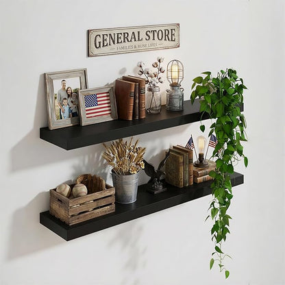 IAE Floating Wall Shelves 24 inch,Bathroom Shelf Wall Mounted,Invisible Shelves Floating Kitchen Shelving,Wooden Wall Shelf with Brackets for Living Room Wall Mounted,Easy Install,Set of 2,Black