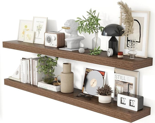 Heimlove 55 Inch Floating Shelves for Wall 8 Inch Deep Walnut Shelves Set of 2,Wall Mounted Rustic Wood Long Floating Shelf，Large Extra Display & Storage Shelf with Invisible Brackets