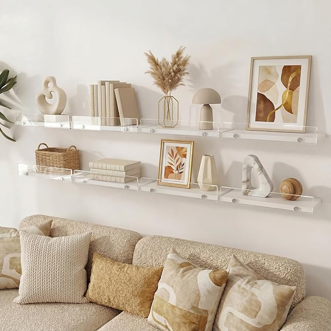 Floating Shelves with Acrylic Front Lip，15.7 IN Wall Shelves for Decor Storage Set of 3， Wall Mounted Wood Shelf for Bedroom, Living Room, Bathroom, Kitchen, Picture Shelf, White