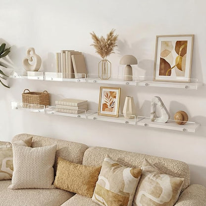 Floating Shelves with Acrylic Front Lip，15.7 IN Wall Shelves for Decor Storage Set of 3， Wall Mounted Wood Shelf for Bedroom, Living Room, Bathroom, Kitchen, Picture Shelf, White