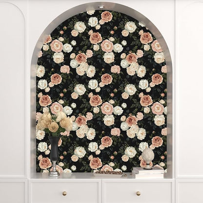 Pink White Rose Peony Wallpaper Peel and Stick Black Floral 17.5in x 118in Vintage Flower Contact Paper Boho Vinyl Waterproof Self Adhesive Flower Botanical Wall Paper for Bathroom Cabinet Décor