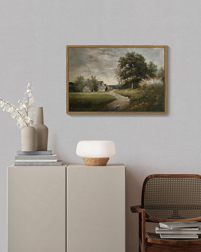 SHENIFY Landscape 16x24in Large Vintage Framed Canvas Wall Art Classical Village Prints Farmhouse Bathroom Office Decor - Natural Framed